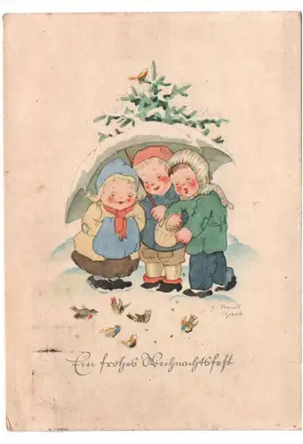 Künstler Ak Kinder unterm Schirm Ein frohes Weihnachtsfest 1950 signiert