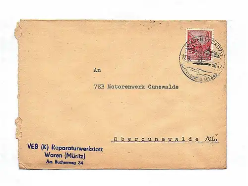 Brief VEB Reparaturwerkstatt Waren Müritz 1956 DDR Briefkuvert