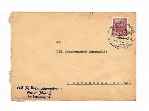 Brief VEB Reparaturwerkstatt Waren Müritz 1956 DDR Briefkuvert 
