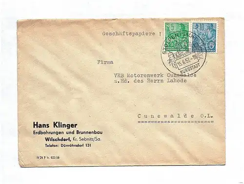 Geschäftspapiere Briefkuvert Erdbohrungen Brunnenbau Wilschdorf 1957