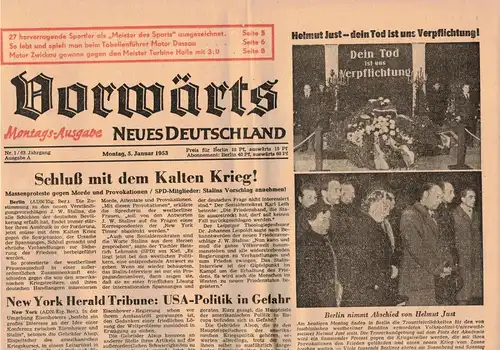 Vorwärts Montags Ausgabe Neues Deutschland Nr.1 / 1953 Kalter Krieg !