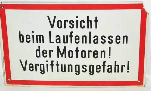 Vintage Kunststoff Schild Laufen lassen der Motoren Vergiftung Retro Warnschild