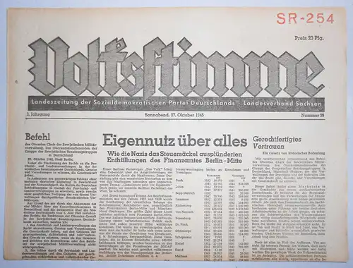 Zeitung Oktober 1945 Volksstimme Landeszeitung der SPD Sachsen Nr. 39