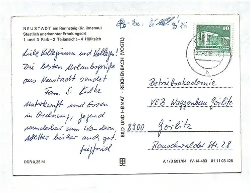 Ak Gruß aus Neustadt Rensteig DDR 1985 Kr Ilmenau Park Teilansicht Höllteich