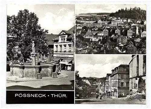 Ak Pössneck Thüringen Marktbrunnen Mauritiusbrunnen Übersicht Markt mit Schuhgas
