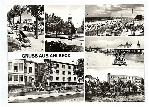 Ak Gruß aus Ahlbeck Kr Wolgast Konzertpavillon Stranduhr FDGB Ferienglück