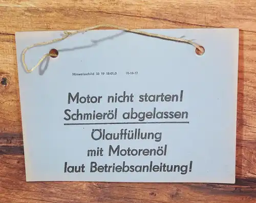 DDR Pappschild Motor nicht starten Öl Garage Deko Hinweisschild kfz Auto Moped