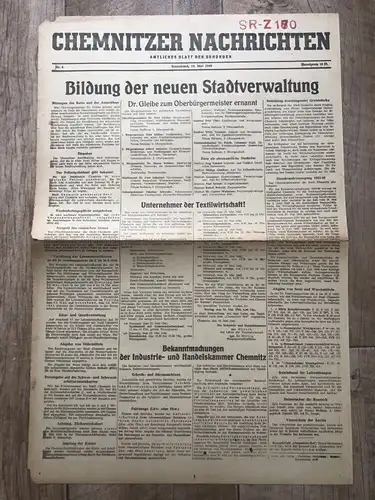 Zeitung Blatt Juli 1945 Mai Bildung neuer Stadtverwaltung Oberbürgermeister