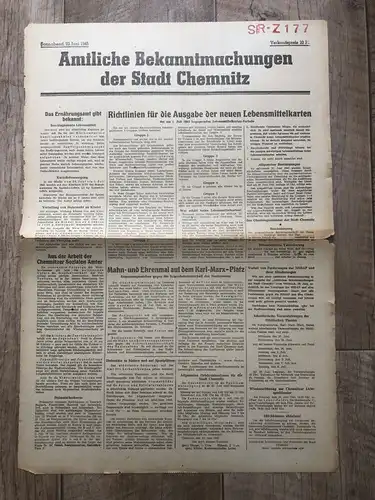 Zeitung Blatt Juli 1945 Juni Richtlinien Ausgabe Lebensmittelkarten