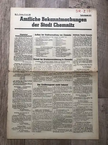 Zeitung Blatt Juli 1945 Aufbau Stadtverwaltung Chemnitz