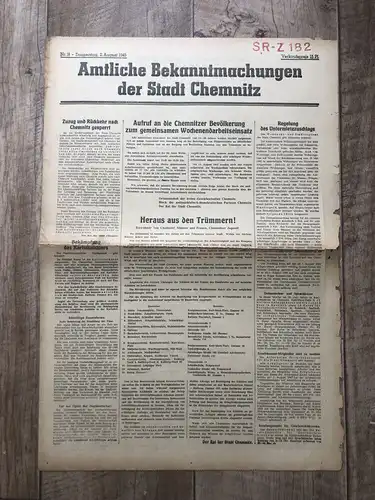 Zeitung Blatt August 1945 Aufruf Bevölkerung Arbeitseinsatz