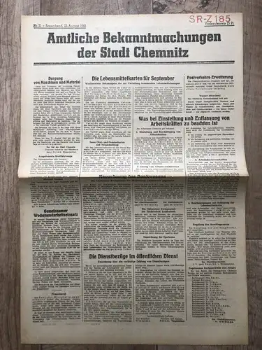 Zeitung Blatt August 1945 Lebensmittelkarten für September