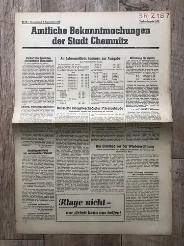 Zeitung Blatt 1945 September An Lebensmittel kommen zur Ausgabe