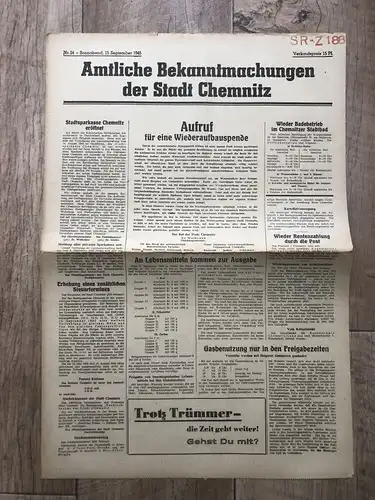 Zeitung Blatt 1945 September Wiederaufbauspende Stadtsparkasse eröffnet