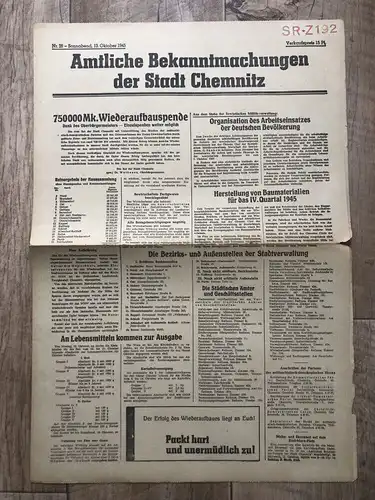 Zeitung Blatt Oktober 1945 Wiederaufbauspende 750000 Mk Arbeitseinsatz