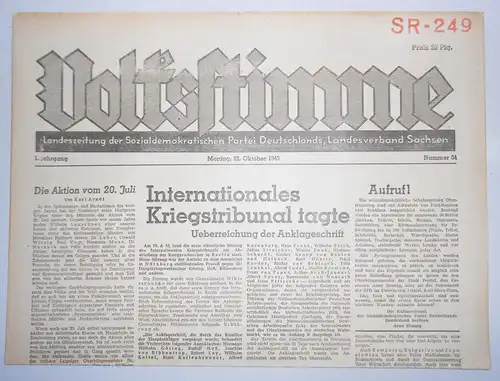 Zeitung Oktober 1945 Volksstimme Landeszeitung der SPD Sachsen Nr. 34