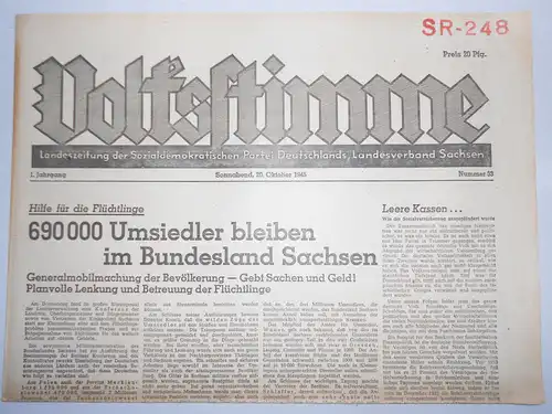 Zeitung Oktober 1945 Volksstimme Landeszeitung der SPD Sachsen Nr. 33