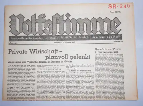 Zeitung Oktober 1945 Volksstimme Landeszeitung der SPD Sachsen Nr. 30
