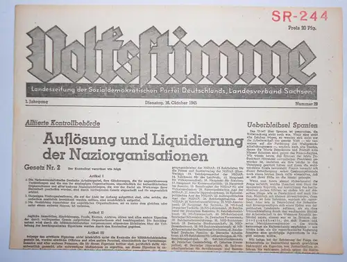Zeitung Oktober 1945 Volksstimme Landeszeitung der SPD Sachsen Nr. 29