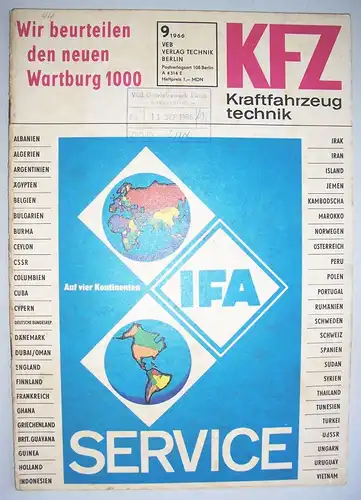 DDR Zeitschrift KFZ Kraftfahrzeugtechnik 9 / 1966 IFA Service Wartburg 1000 !