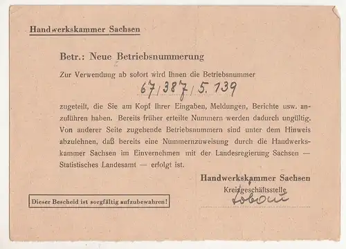 Drucksache Löbau Gebühr bezahlt 1943 Handwerkskammer Sachsen