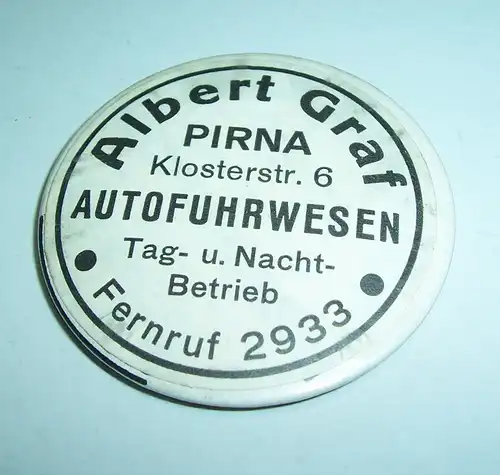 Alter Reklame Spiegel Taschenspiegel Albert Graf Pirna Autofuhrwesen um 1940 /50