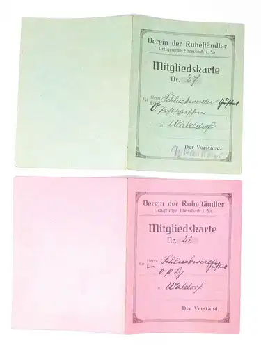 Mitgliedskarte Verein der Ruheständler Ebersbach Sachsen 1927