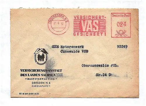 Kuvert Versicherungsanstalt Sachsen VAS 1952 DDR Brief