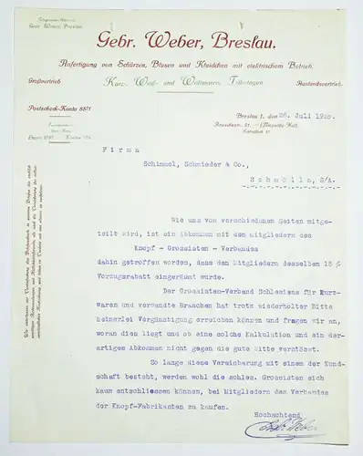 Breslau Rechnung 1920 Weber Schürzen Blusen