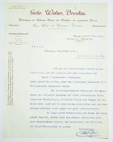 Breslau Rechnung 1920 Weber Schürzen Blusen 