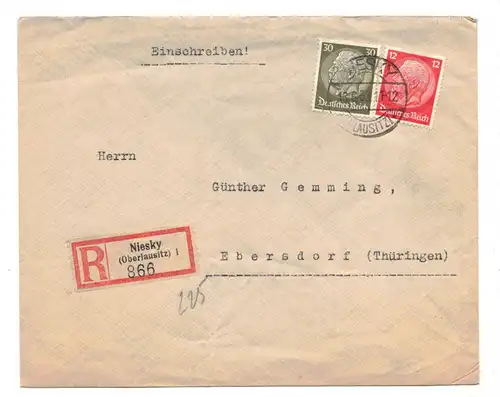 R-Brief Niesky Oberlausitz 1933 nach Ebersbach Thüringen