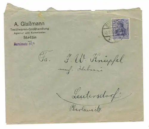 Brief A.Glaßmann Textil Großhandlung Stettin zirca 1923