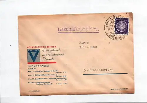 Brief 1955 Pulsnitz Gummiband Gurtweberei nach Großröhrsdorf Dienstmarke