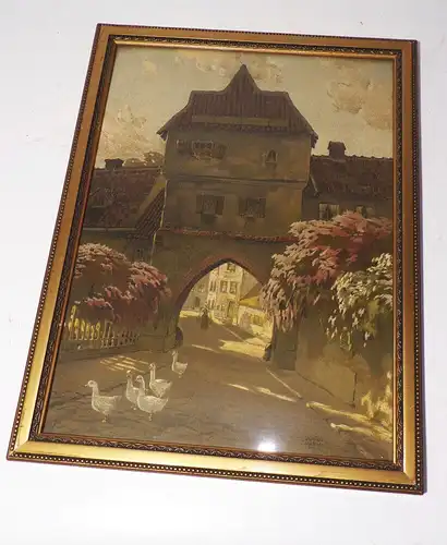 Alter Druck Stadttor um 1900 Signiert dekorativ