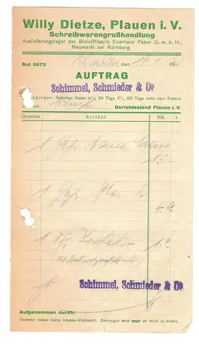 Rechnung Willy Dietze Plauen i. V. Schreibwaren - Großhandlung 1932 (D8