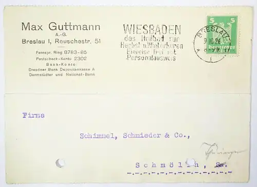 Reklame Postkarte Max Guttmann Breslau I Reuschestraße 1926  (B1