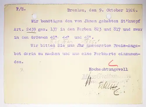 Reklame Postkarte Max Guttmann Breslau I Reuschestraße 1926  (B1