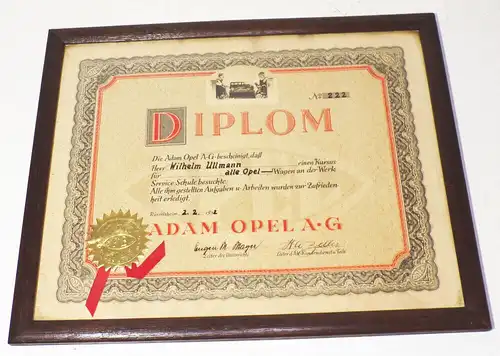 Opel Diplom 1932 Werk Service Schule Rüsselsheim Adam Opel No 222 Urkunde