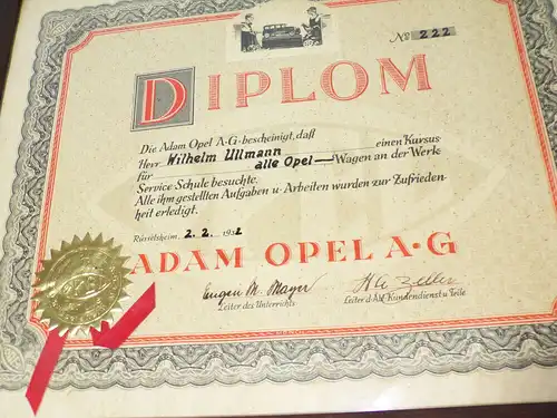 Opel Diplom 1932 Werk Service Schule Rüsselsheim Adam Opel No 222 Urkunde