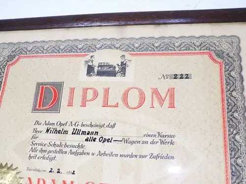 Opel Diplom 1932 Werk Service Schule Rüsselsheim Adam Opel No 222 Urkunde