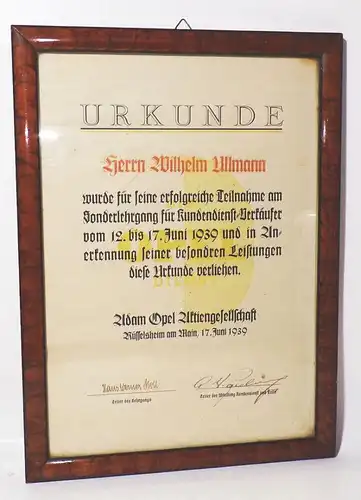 Opel Urkunde 1939 Sonderlehrgang Kundendienst Verkäufer Rüsselsheim