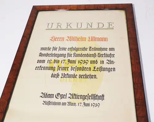 Opel Urkunde 1939 Sonderlehrgang Kundendienst Verkäufer Rüsselsheim