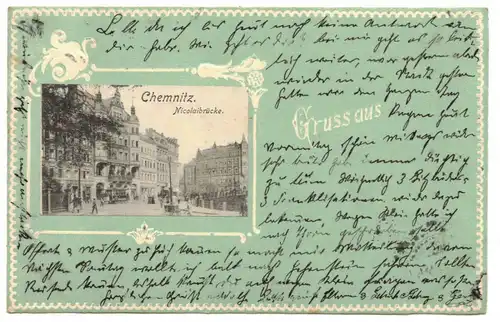 Jugendstil Ak Gruss aus Chemnitz Nicolaibrücke 1904
