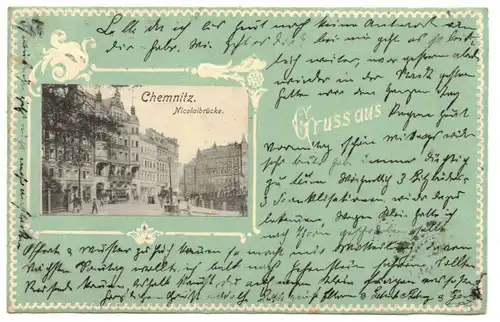 Jugendstil Ak Gruss aus Chemnitz Nicolaibrücke 1904 