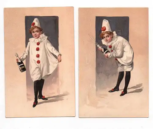 Künstler Ak Pirot Harlekin mit Sektflasche Clown 2 Stück um 1910