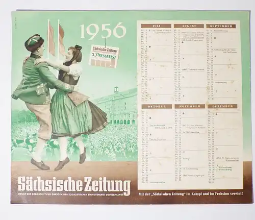 Kalender 1956 Sächsische Zeitung Wandkalender Pressefest Dresden 