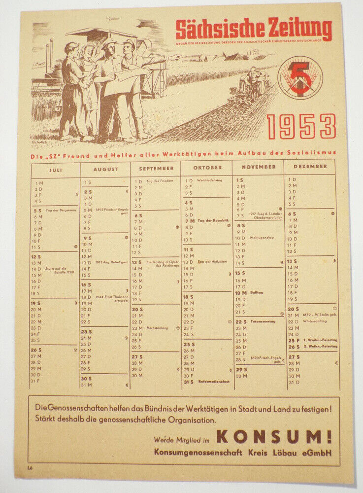 DDR Kalender 1953 Sächsische Zeitung Aktivist Konsum Löbau Reklame Nr 