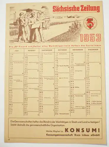 DDR Kalender 1953 Sächsische Zeitung Aktivist Konsum Löbau Reklame