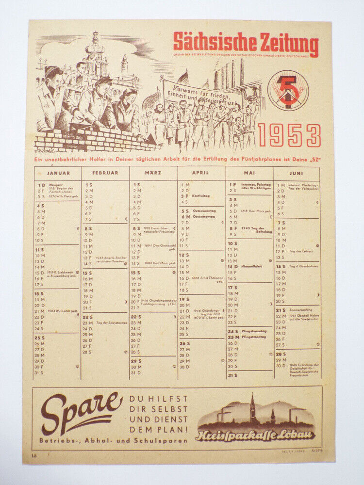 DDR Kalender 1953 Sächsische Zeitung Aktivist Konsum Löbau Reklame Nr 