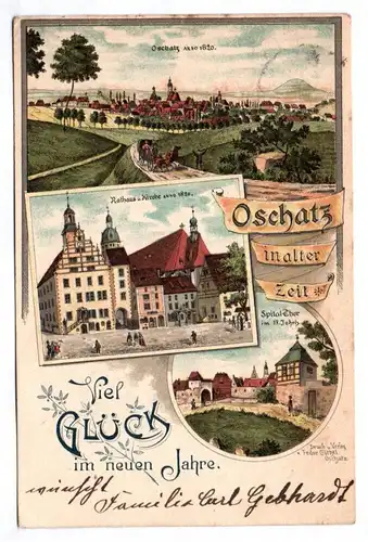 Litho Ak Oschatz in alter Zeit Viel Glück im neuen Jahr 1901